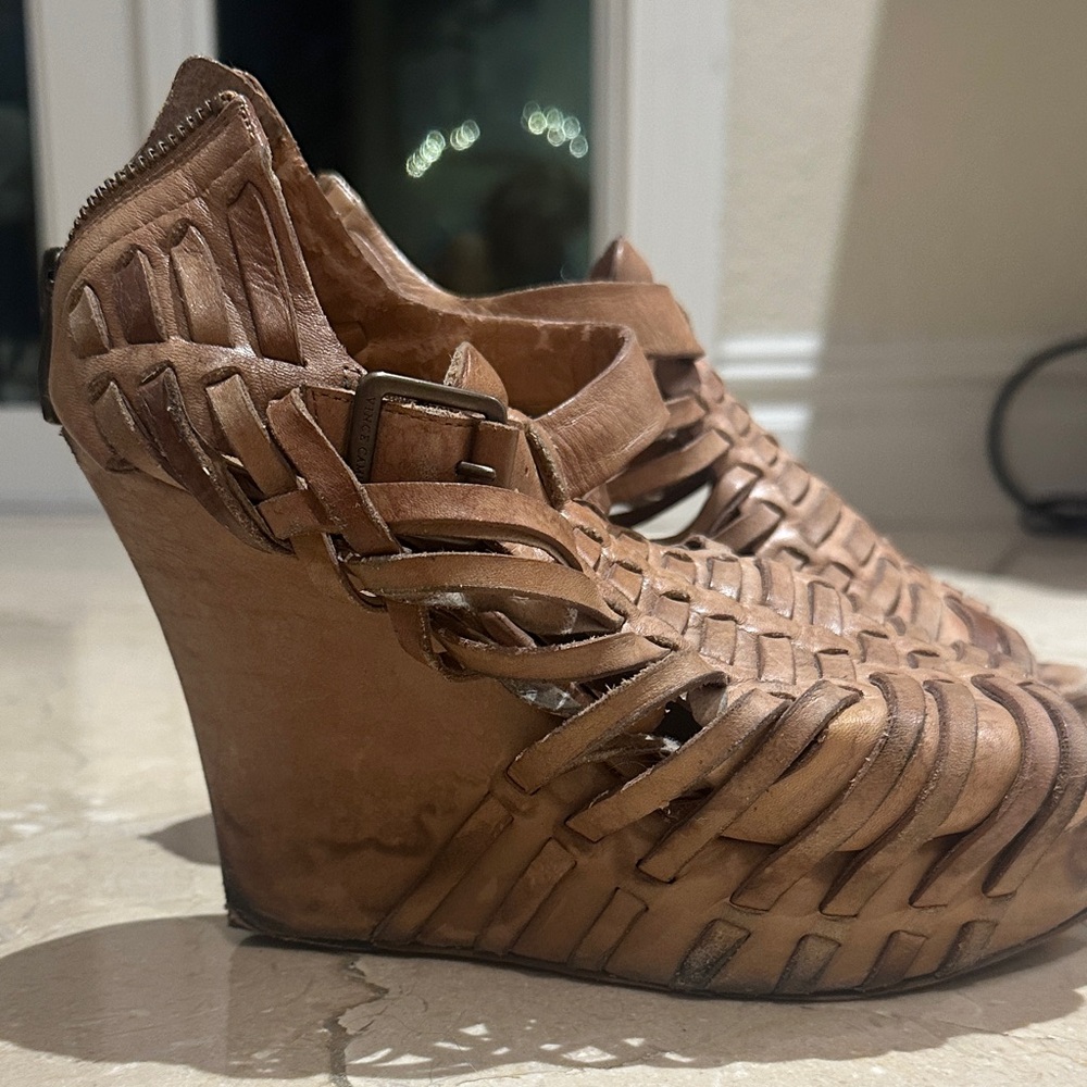 Vince Camuto Brown Woven Leather Wedge Sandals